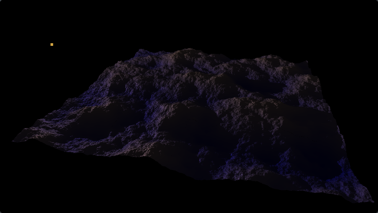 Detailed heightmap resembling a mountain range is lit softly from the side.